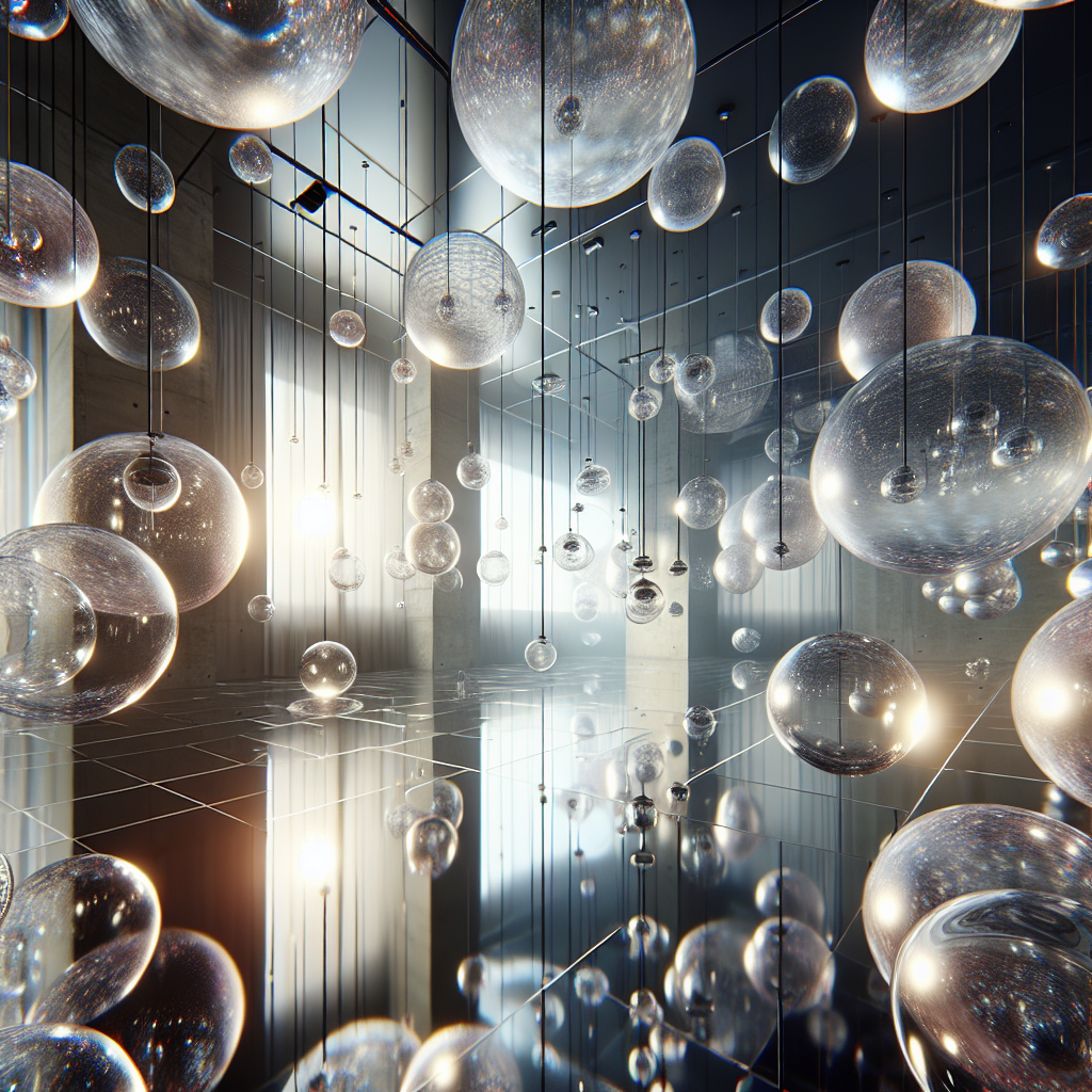Futuristic interior with hovering translucent spheres, glowing lights, and prismatic reflections creating immersive ambient sonic architecture.
