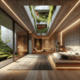 Hyperrealistic subterranean luxury bedroom blending concrete, rammed earth, and timber with skylights, panoramic courtyard view, and biophilic design.