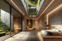 Hyperrealistic subterranean luxury bedroom blending concrete, rammed earth, and timber with skylights, panoramic courtyard view, and biophilic design.