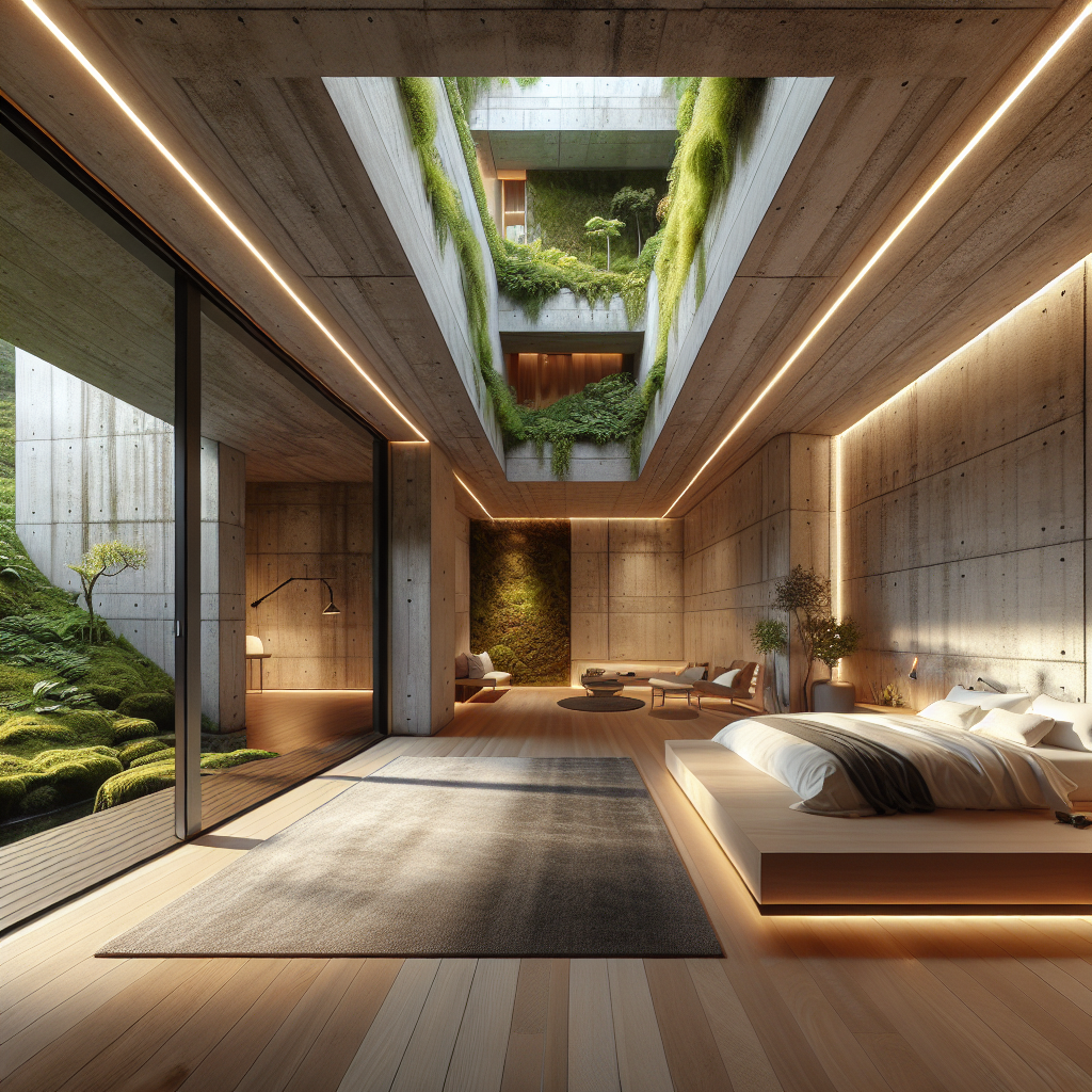 Hyperrealistic subterranean luxury bedroom blending concrete, rammed earth, and timber with skylights, panoramic courtyard view, and biophilic design.