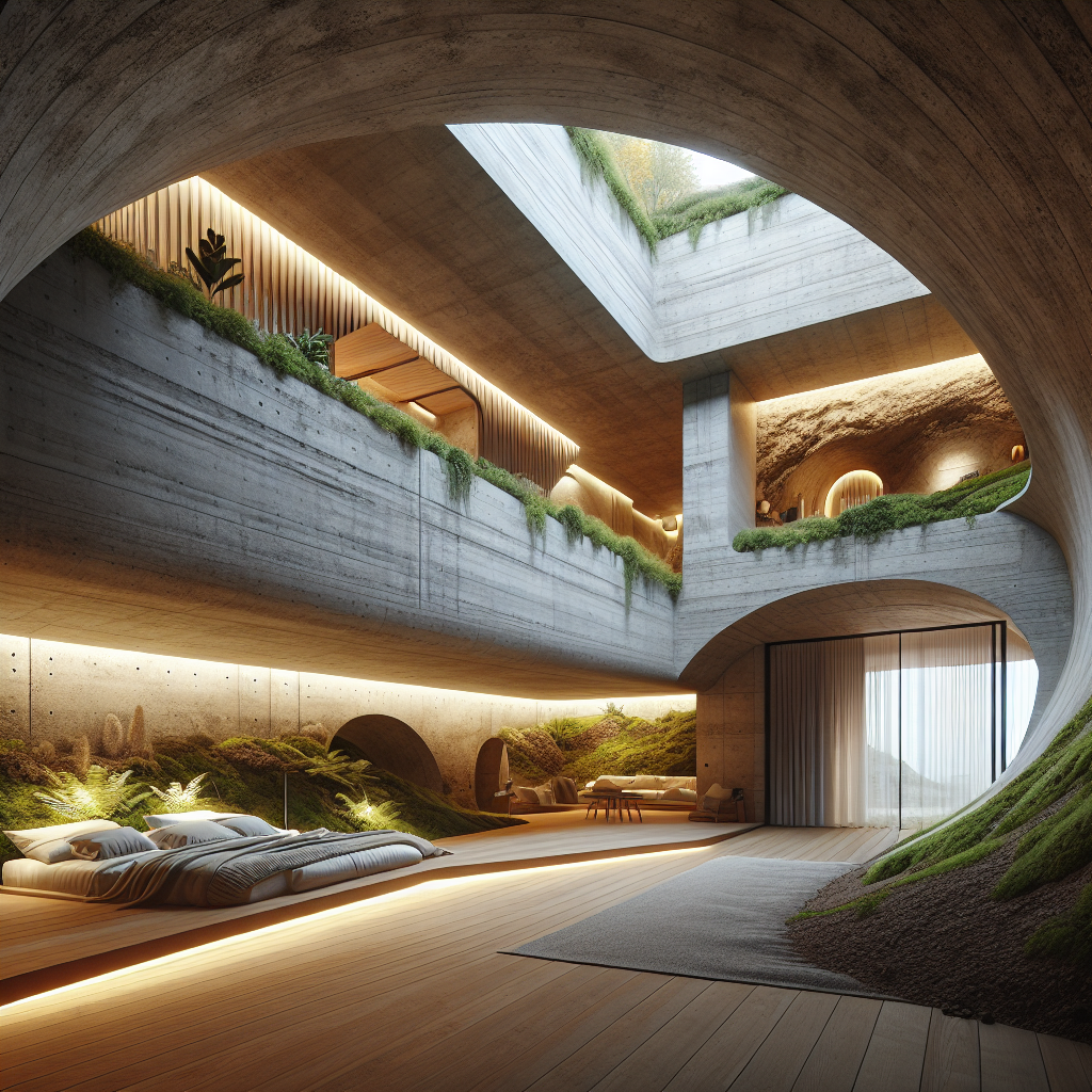 Hyperrealistic subterranean luxury bedroom blending concrete, rammed earth, and timber with skylights, panoramic courtyard view, and biophilic design.