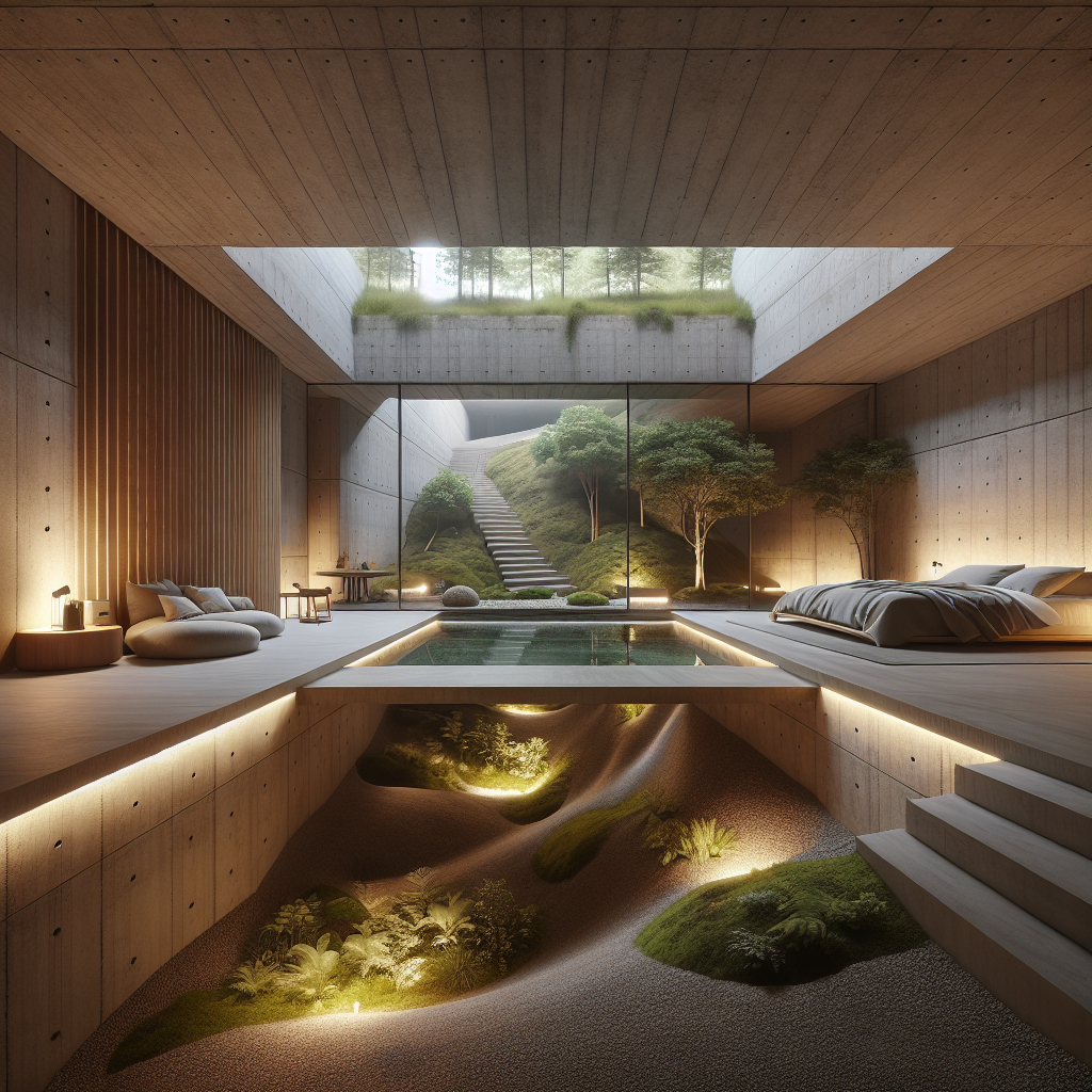 Hyperrealistic subterranean luxury bedroom blending concrete, rammed earth, and timber with skylights, panoramic courtyard view, and biophilic design.