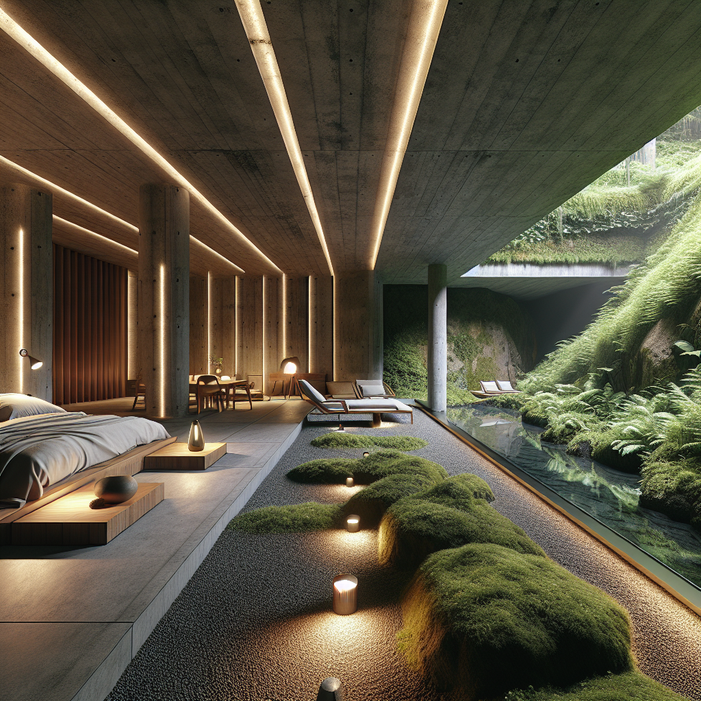 Hyperrealistic subterranean luxury bedroom blending concrete, rammed earth, and timber with skylights, panoramic courtyard view, and biophilic design.