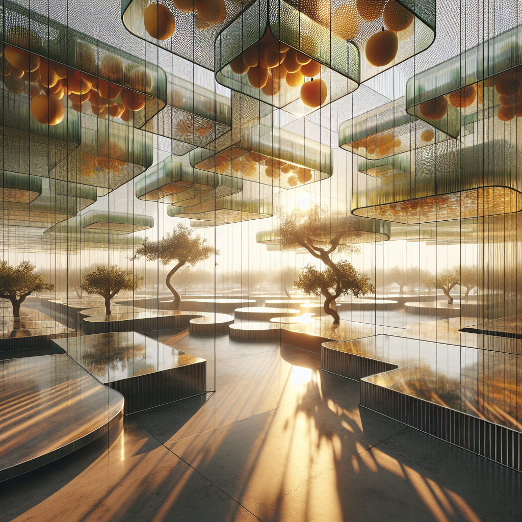 Hyperrealistic minimalist orchard pavilion at sunrise featuring glass and bamboo architecture blending nature, geometry, and surreal design.