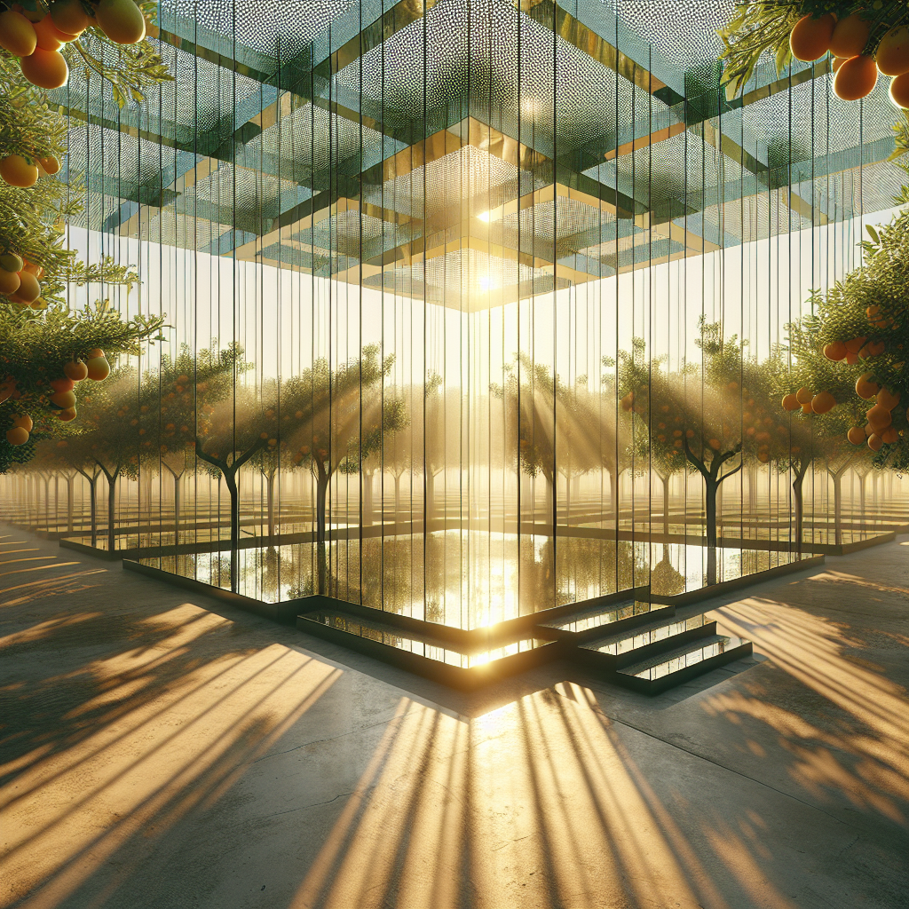 Hyperrealistic minimalist orchard pavilion at sunrise featuring glass and bamboo architecture blending nature, geometry, and surreal design.