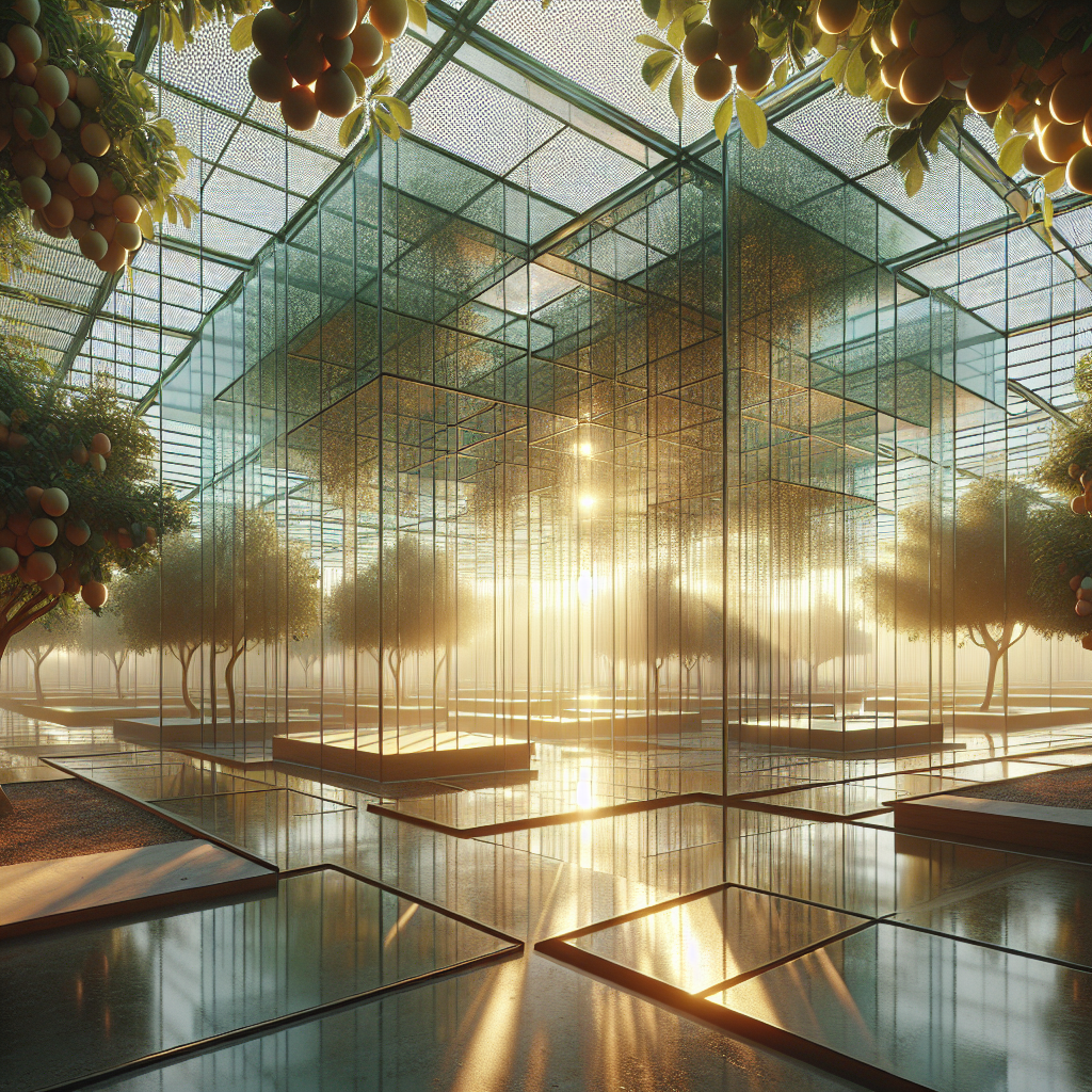 Hyperrealistic minimalist orchard pavilion at sunrise featuring glass and bamboo architecture blending nature, geometry, and surreal design.