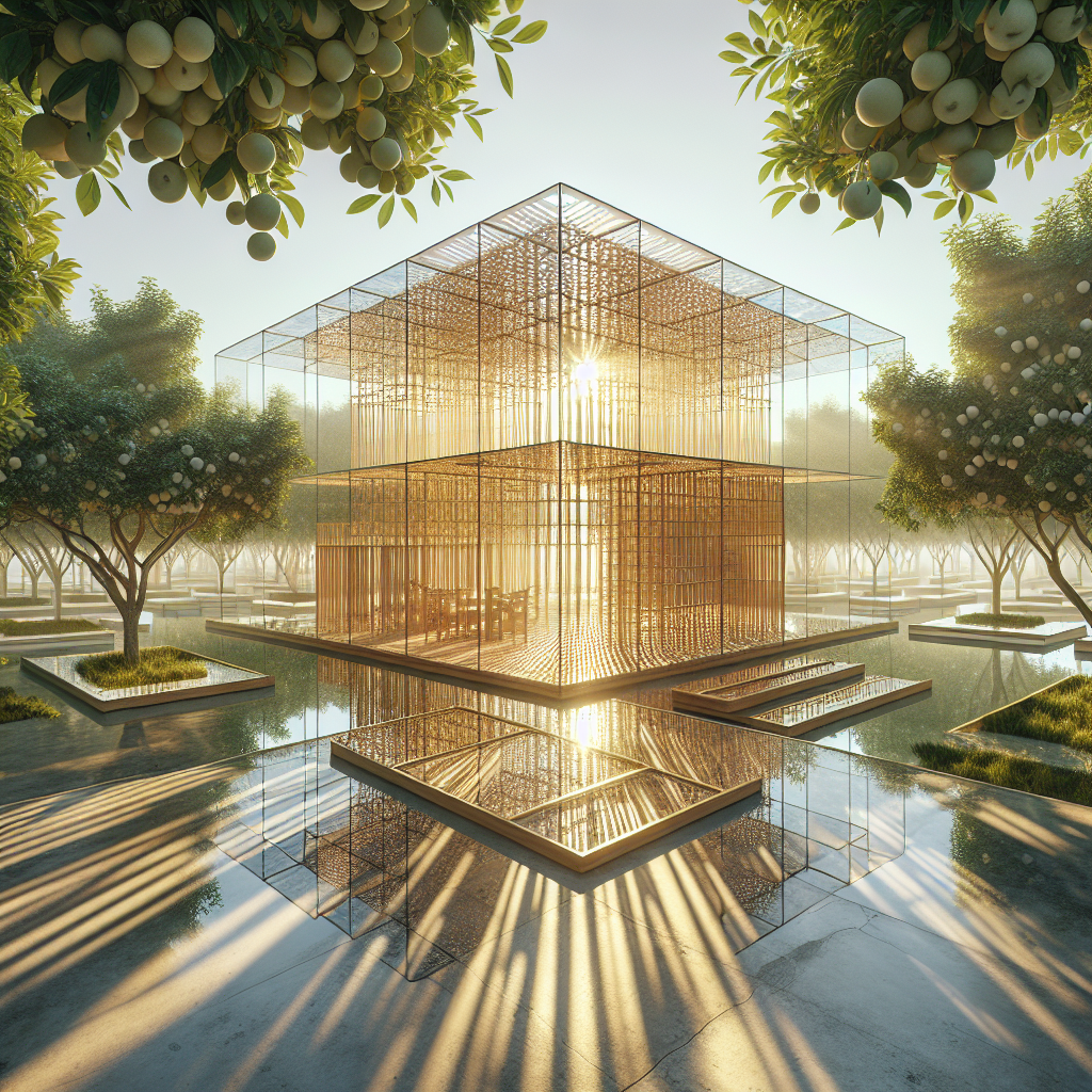 Hyperrealistic minimalist orchard pavilion at sunrise featuring glass and bamboo architecture blending nature, geometry, and surreal design.