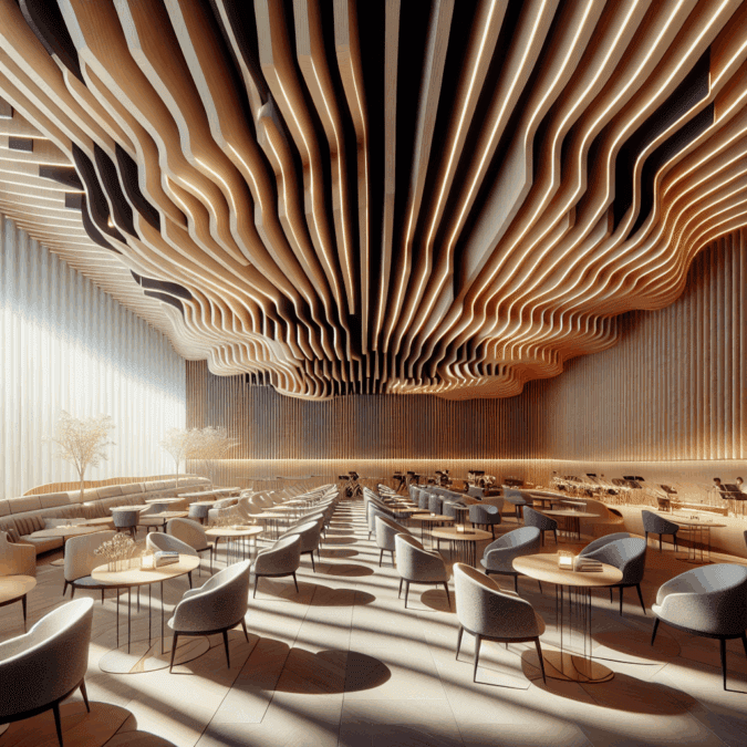 Hyperrealistic modern café interior with piano key–inspired acoustic ceiling, warm lighting, elegant furniture, and harmonious acoustic design.