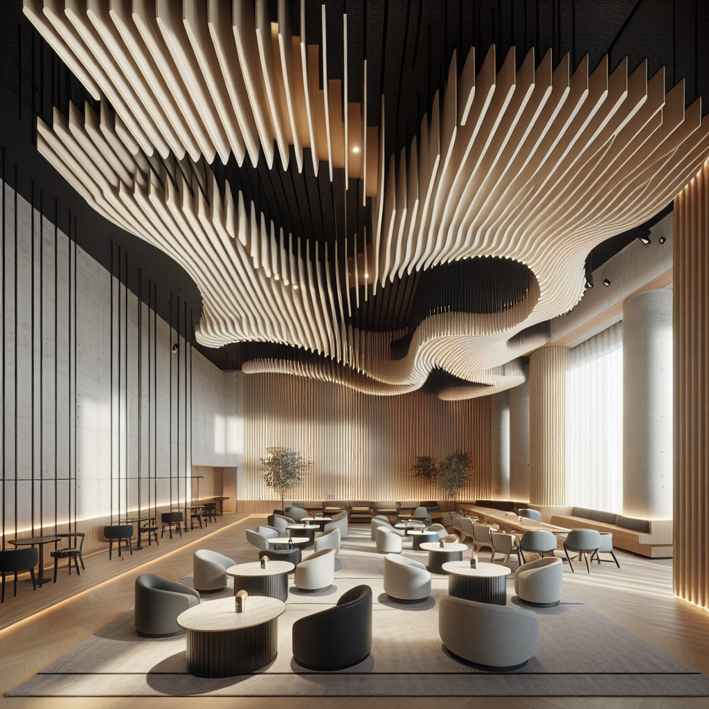 Hyperrealistic modern café interior with piano key–inspired acoustic ceiling, warm lighting, elegant furniture, and harmonious acoustic design.