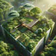 Hyperrealistic aerial view of a syntropic garden integrated with modern architecture, showing lush multi-layered vegetation and eco design harmony.