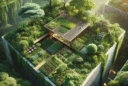 Hyperrealistic aerial view of a syntropic garden integrated with modern architecture, showing lush multi-layered vegetation and eco design harmony.