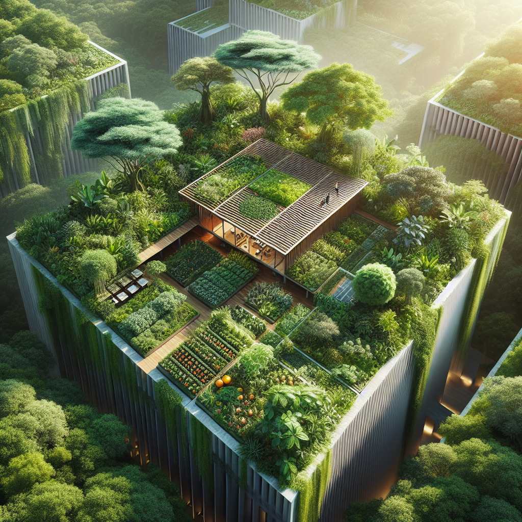 Hyperrealistic aerial view of a syntropic garden integrated with modern architecture, showing lush multi-layered vegetation and eco design harmony.