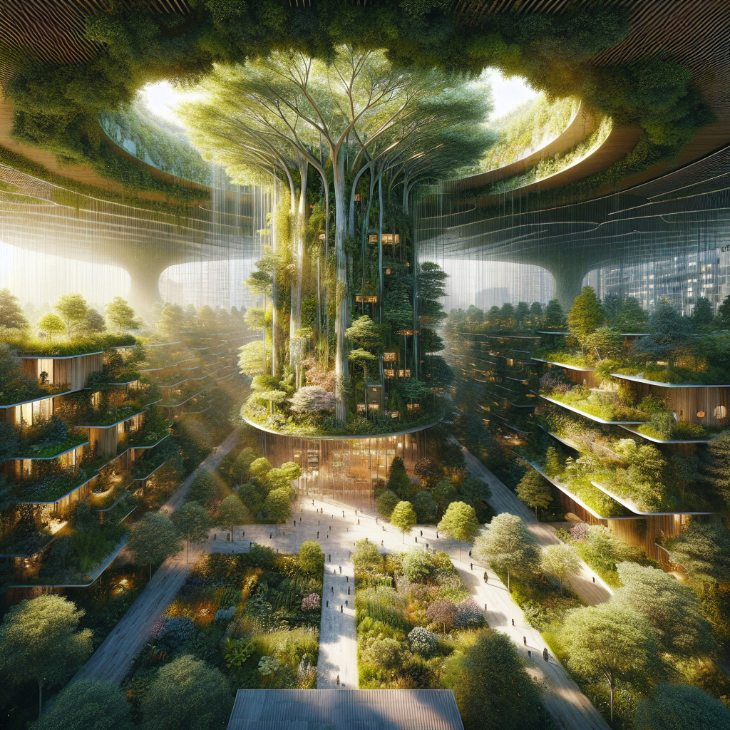 Hyperrealistic aerial view of a syntropic garden integrated with modern architecture, showing lush multi-layered vegetation and eco design harmony.