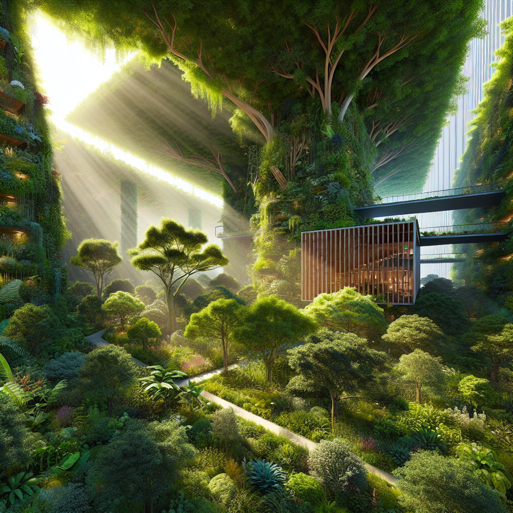 Hyperrealistic aerial view of a syntropic garden integrated with modern architecture, showing lush multi-layered vegetation and eco design harmony.