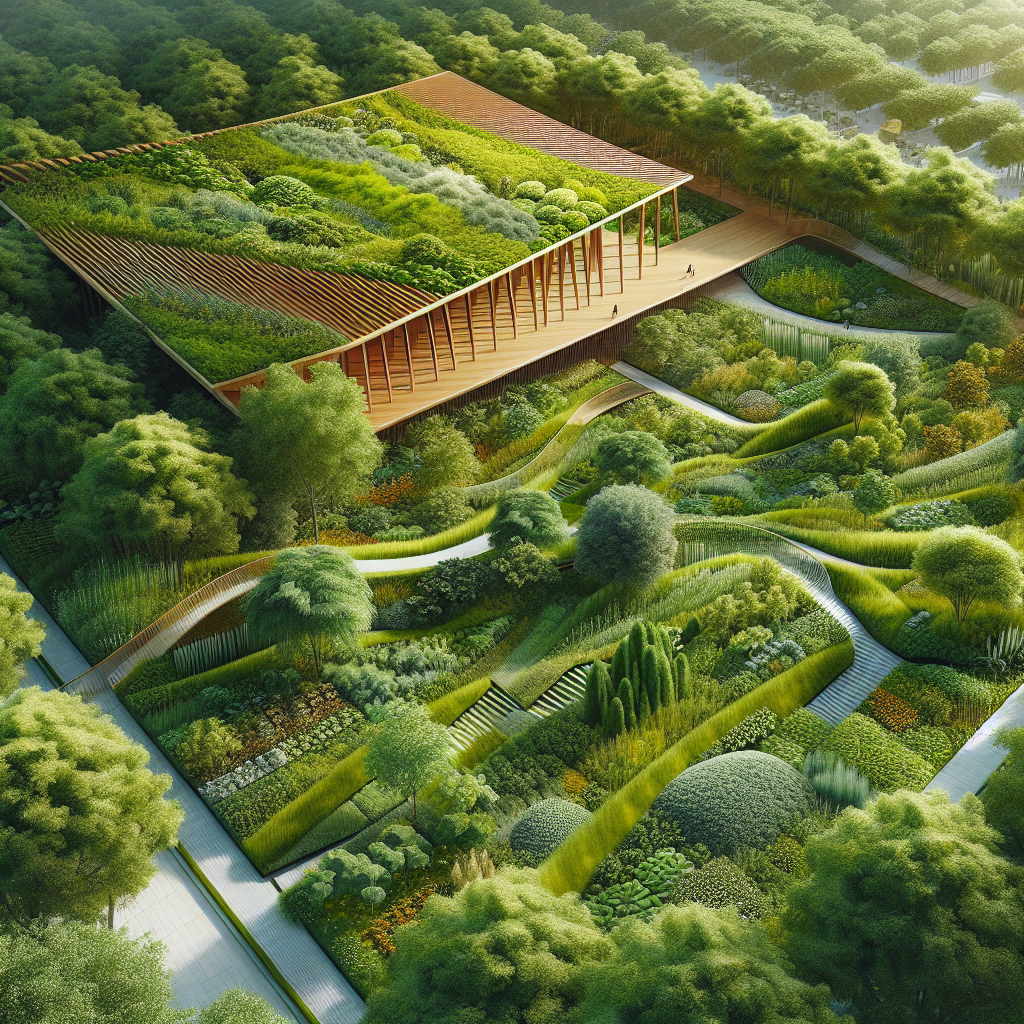 Hyperrealistic aerial view of a syntropic garden integrated with modern architecture, showing lush multi-layered vegetation and eco design harmony.