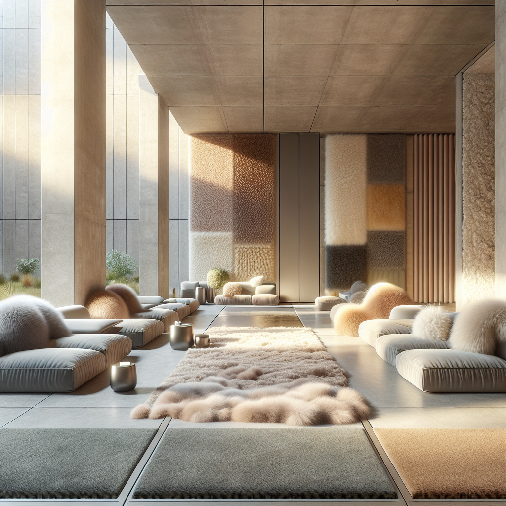 Hyperrealistic minimalist interior with concrete atrium, velvet seating, wool panels, and natural light highlighting tactile luxury textures.