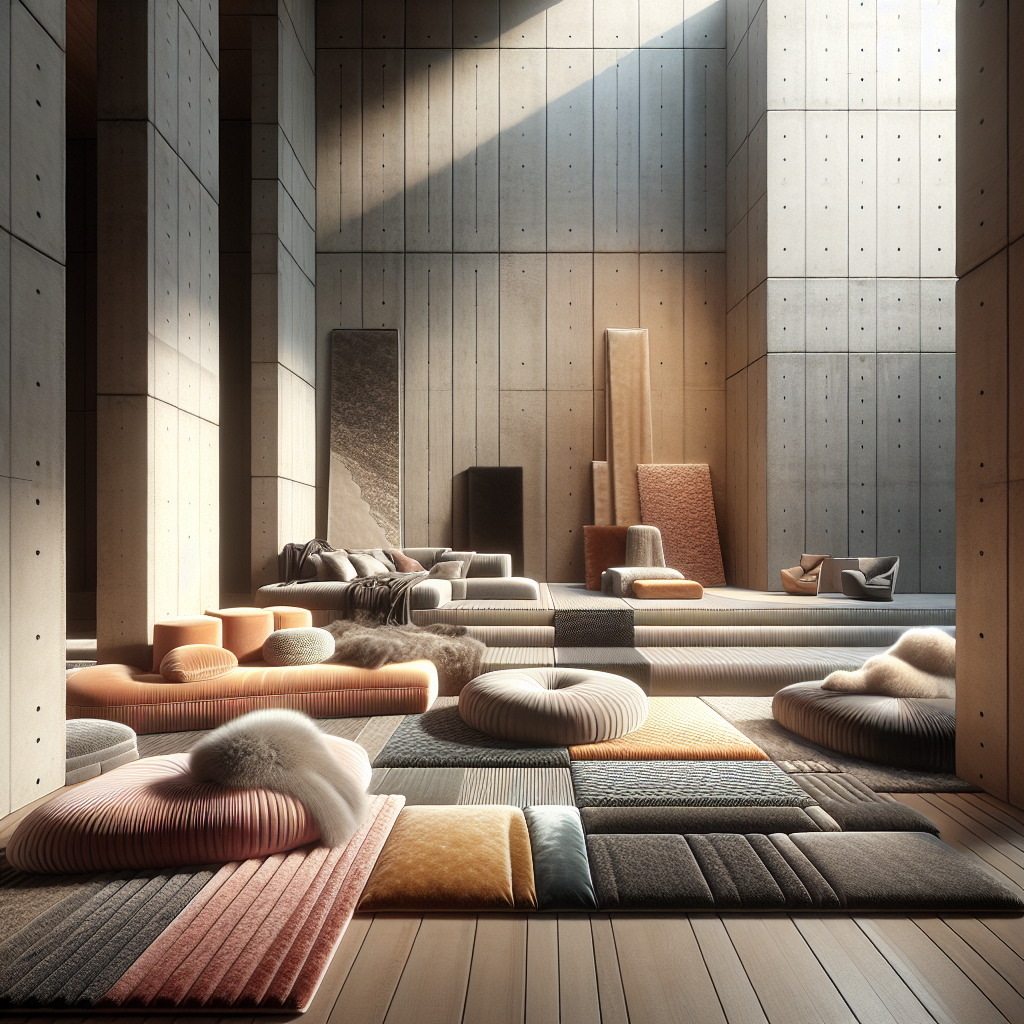 Hyperrealistic minimalist interior with concrete atrium, velvet seating, wool panels, and natural light highlighting tactile luxury textures.