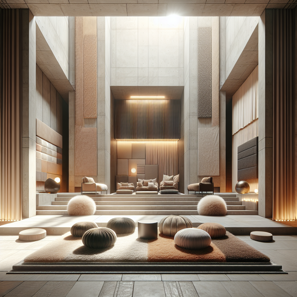 Hyperrealistic minimalist interior with concrete atrium, velvet seating, wool panels, and natural light highlighting tactile luxury textures.