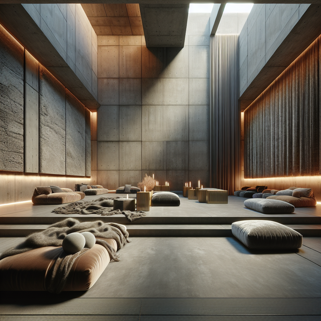 Hyperrealistic minimalist interior with concrete atrium, velvet seating, wool panels, and natural light highlighting tactile luxury textures.