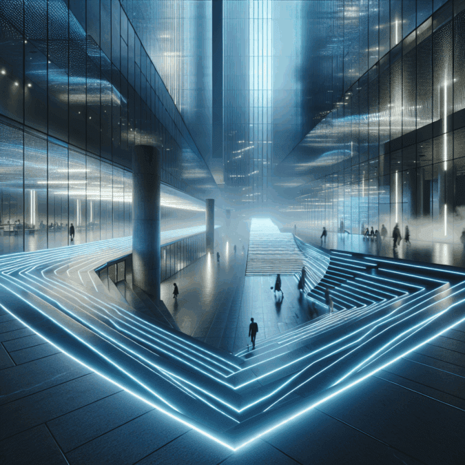 Hyperrealistic futuristic urban walkway at night with glowing blue floor lines, glass and concrete design, misty atmosphere, and cinematic lighting.