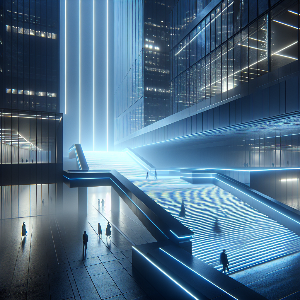 Hyperrealistic futuristic urban walkway at night with glowing blue floor lines, glass and concrete design, misty atmosphere, and cinematic lighting.