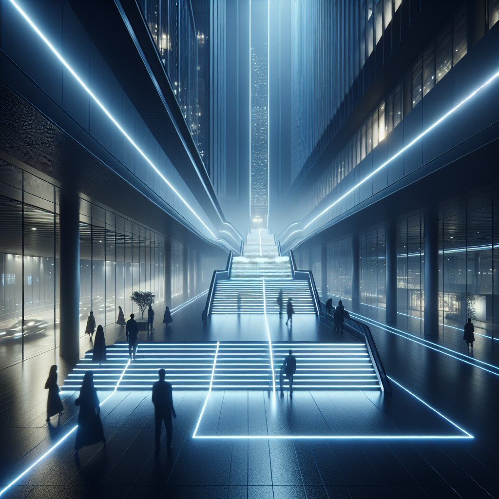 Hyperrealistic futuristic urban walkway at night with glowing blue floor lines, glass and concrete design, misty atmosphere, and cinematic lighting.