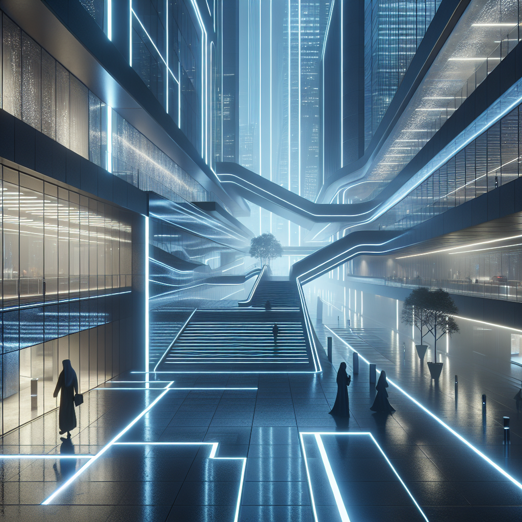 Hyperrealistic futuristic urban walkway at night with glowing blue floor lines, glass and concrete design, misty atmosphere, and cinematic lighting.