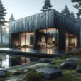 Hyperrealistic modern black house with Yakisugi charred timber façade in misty dawn forest, minimalist glass design, soft fog, and natural light.