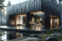 Hyperrealistic modern black house with Yakisugi charred timber façade in misty dawn forest, minimalist glass design, soft fog, and natural light.