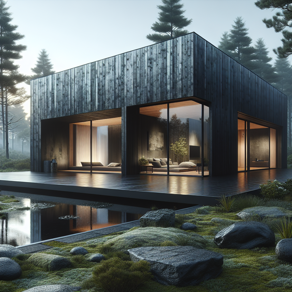 Hyperrealistic modern black house with Yakisugi charred timber façade in misty dawn forest, minimalist glass design, soft fog, and natural light.