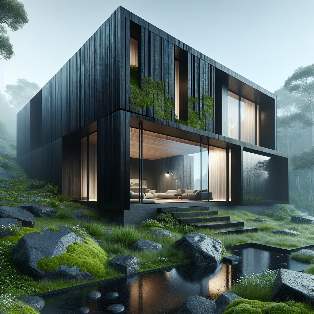 Hyperrealistic modern black house with Yakisugi charred timber façade in misty dawn forest, minimalist glass design, soft fog, and natural light.