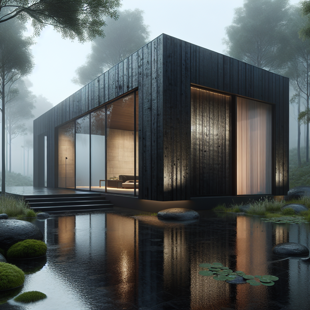 Hyperrealistic modern black house with Yakisugi charred timber façade in misty dawn forest, minimalist glass design, soft fog, and natural light.