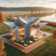 Hyperrealistic panoramic render of an ephemeral lakeside house—collapsible, solar-powered modular dwelling blending with nature and modern design.