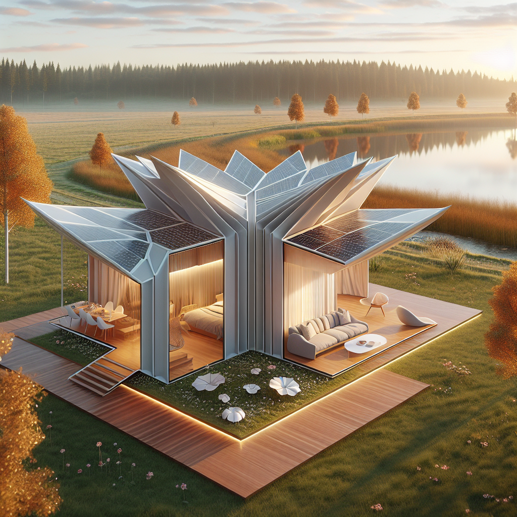 Hyperrealistic panoramic render of an ephemeral lakeside house—collapsible, solar-powered modular dwelling blending with nature and modern design.