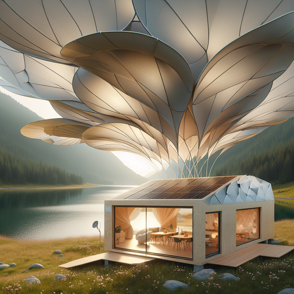 Hyperrealistic panoramic render of an ephemeral lakeside house—collapsible, solar-powered modular dwelling blending with nature and modern design.