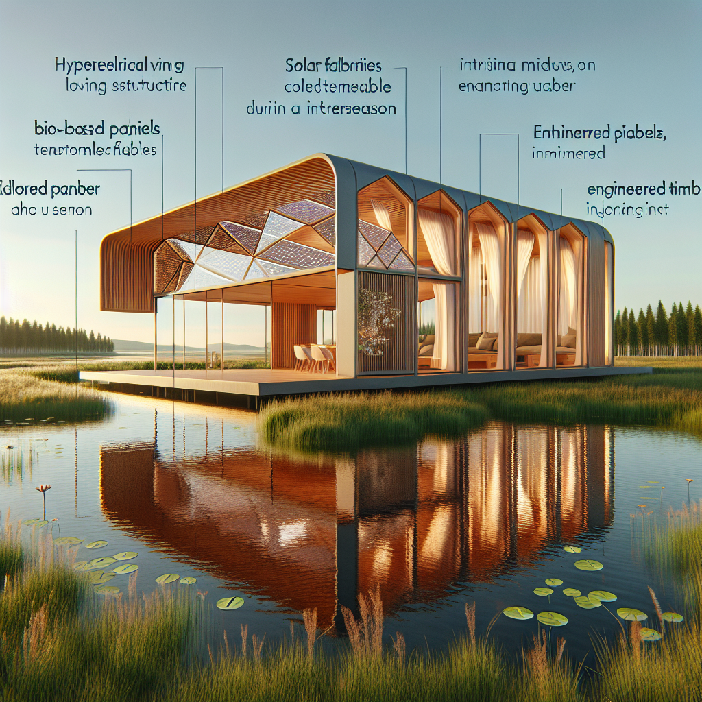 Hyperrealistic panoramic render of an ephemeral lakeside house—collapsible, solar-powered modular dwelling blending with nature and modern design.