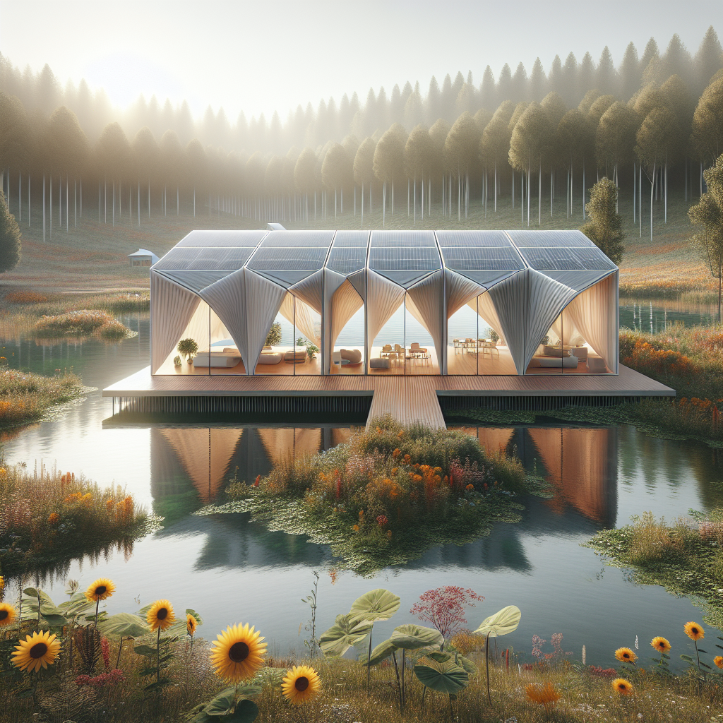Hyperrealistic panoramic render of an ephemeral lakeside house—collapsible, solar-powered modular dwelling blending with nature and modern design.
