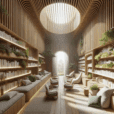 Hyperrealistic healing library interior with reading nooks, therapy rooms, oak shelves, natural light, and biophilic modern design.