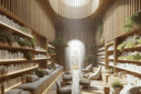 Hyperrealistic healing library interior with reading nooks, therapy rooms, oak shelves, natural light, and biophilic modern design.