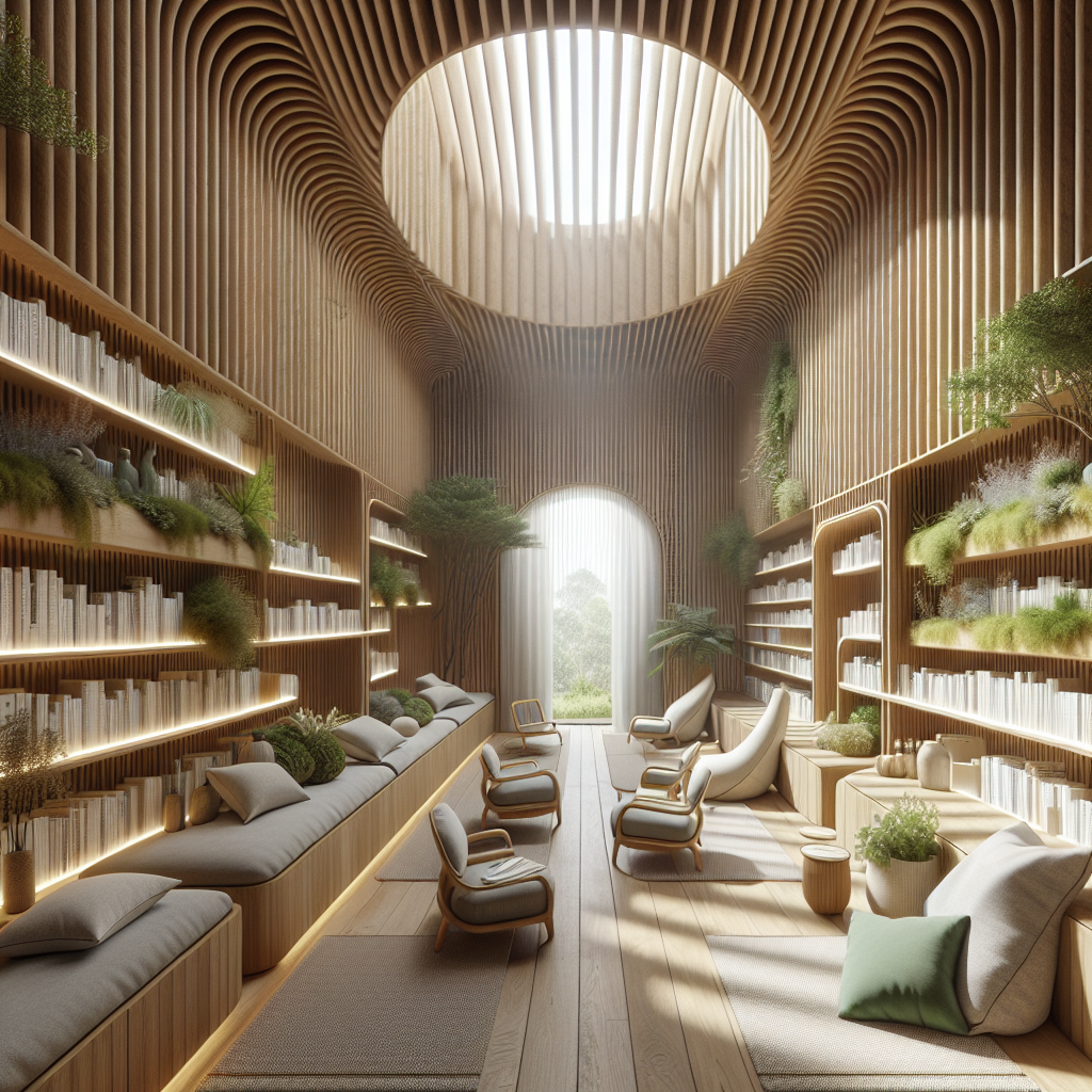 Hyperrealistic healing library interior with reading nooks, therapy rooms, oak shelves, natural light, and biophilic modern design.