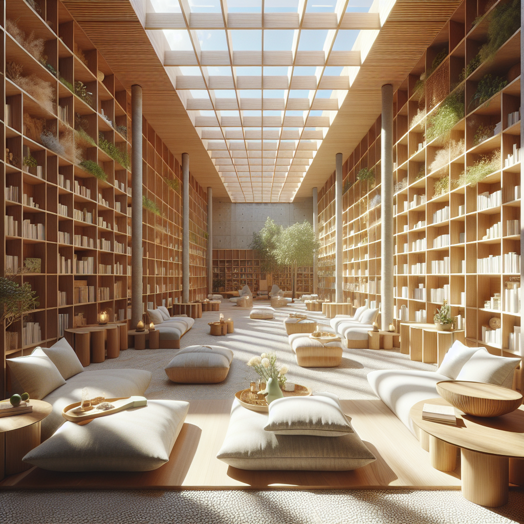 Hyperrealistic healing library interior with reading nooks, therapy rooms, oak shelves, natural light, and biophilic modern design.