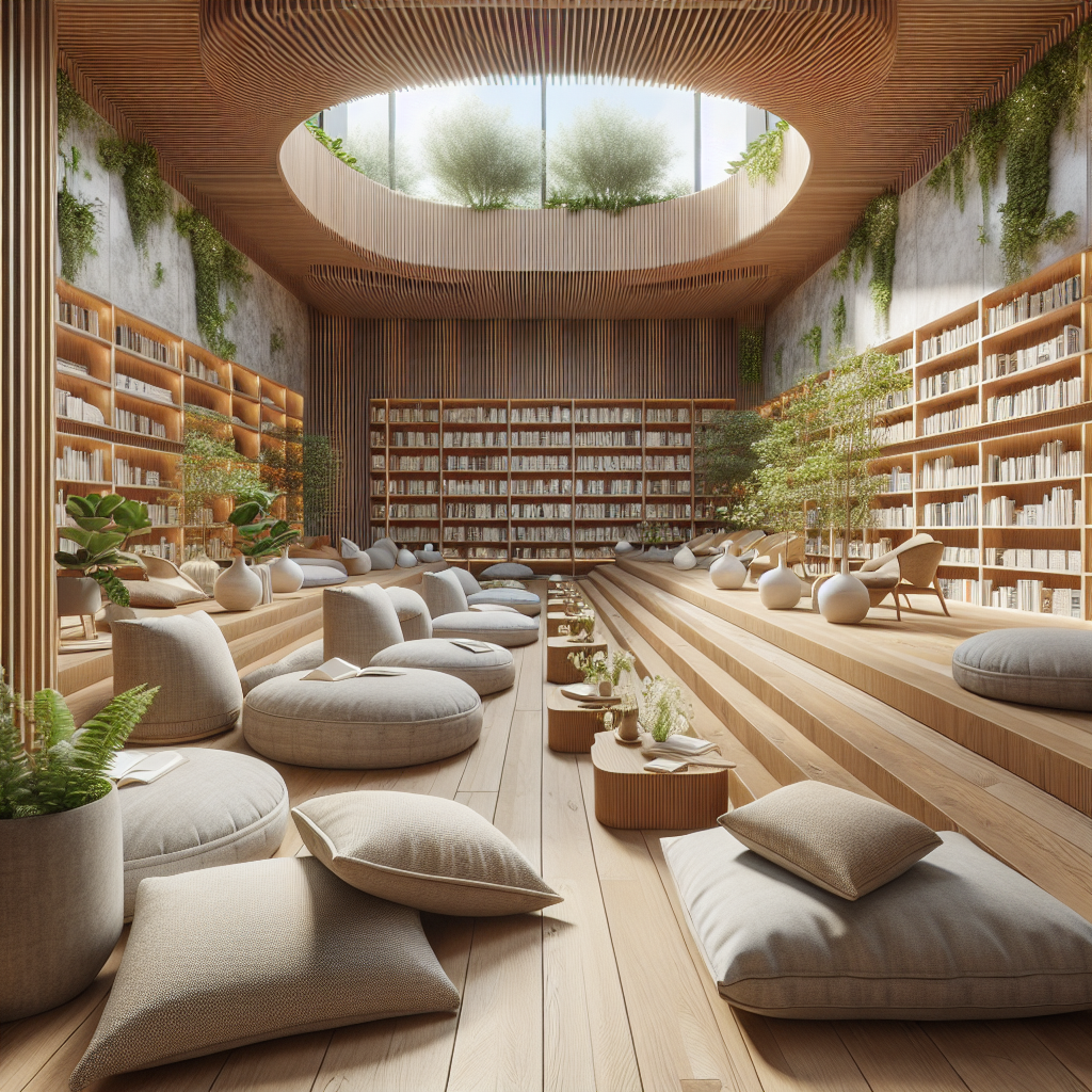 Hyperrealistic healing library interior with reading nooks, therapy rooms, oak shelves, natural light, and biophilic modern design.