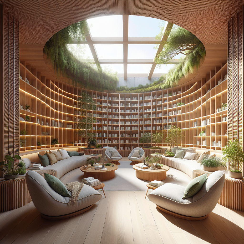 Hyperrealistic healing library interior with reading nooks, therapy rooms, oak shelves, natural light, and biophilic modern design.