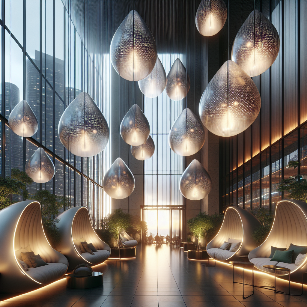 Hyperrealistic futuristic silent lounge interior with floating acoustic pods, soft ambient lighting, greenery, and city skyline view.