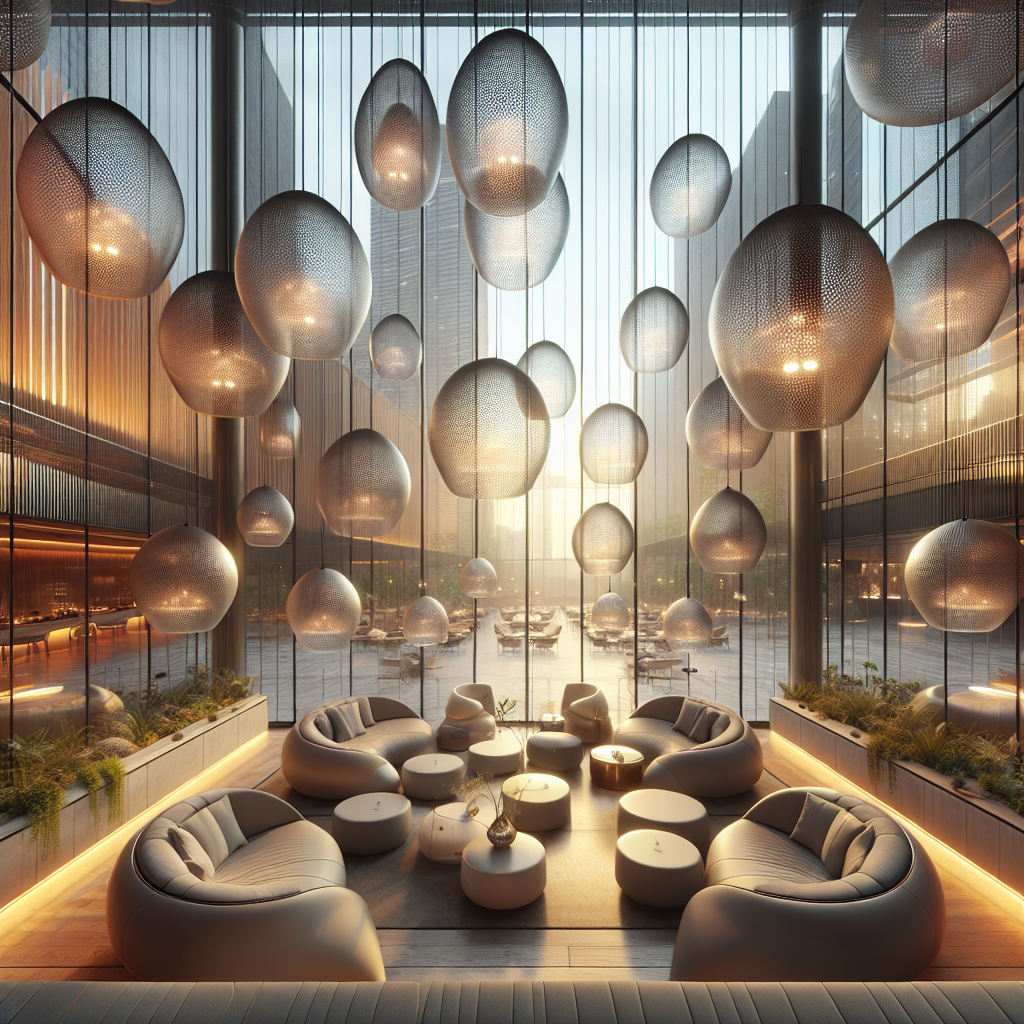 Hyperrealistic futuristic silent lounge interior with floating acoustic pods, soft ambient lighting, greenery, and city skyline view.