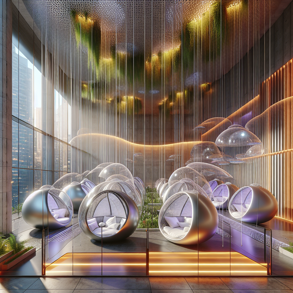 Hyperrealistic futuristic silent lounge interior with floating acoustic pods, soft ambient lighting, greenery, and city skyline view.