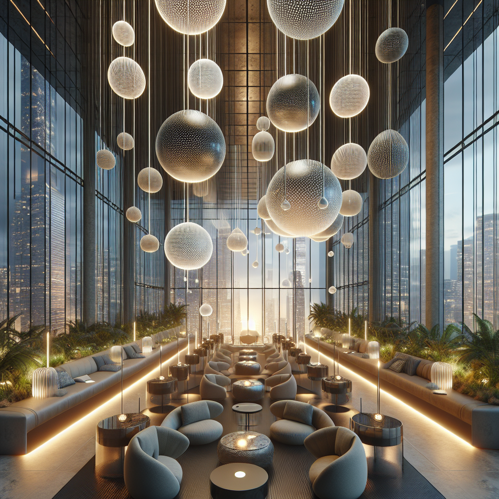 Hyperrealistic futuristic silent lounge interior with floating acoustic pods, soft ambient lighting, greenery, and city skyline view.
