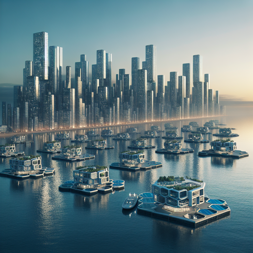 Hyperrealistic futuristic coastal city adapted to rising sea levels with floating glass buildings, green roofs, and glowing twilight reflections.