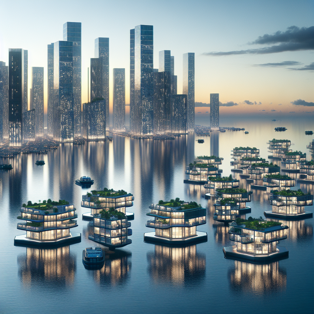 Hyperrealistic futuristic coastal city adapted to rising sea levels with floating glass buildings, green roofs, and glowing twilight reflections.