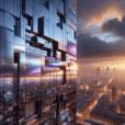 Hyperrealistic futuristic titanium-clad building facade at sunset with iridescent silver, violet, and blue reflections, ultra-real lighting.